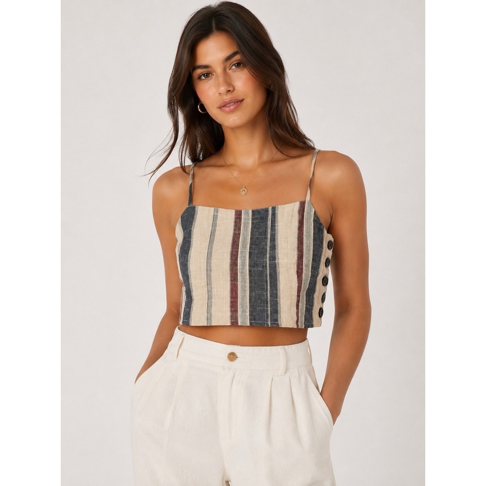 Striped Linen Blend Crop Tank Cami‎ Coastal Quiet Luxury Minimalist Boho Size L